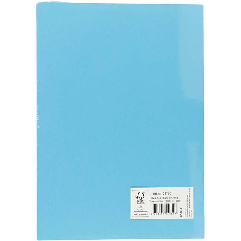 Karton, A4, ark 210x297 mm, 180 g, bl&aring;, 100 ark/ 1 pk.