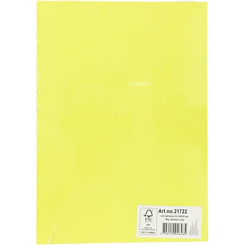 Karton, A4, ark 210x297 mm, 180 g, lys gr&oslash;n, 100 ark/ 1 pk.
