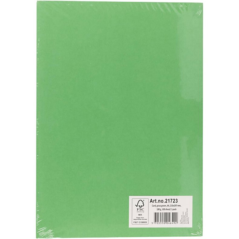 Karton, A4, ark 210x297 mm, 180 g, gr&aelig;sgr&oslash;n, 100 ark/ 1 pk.