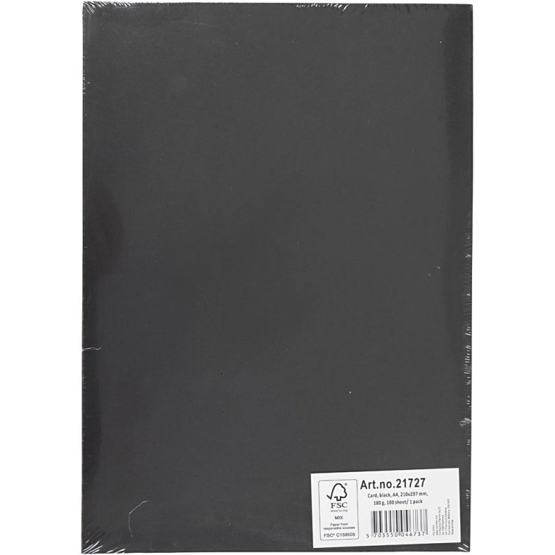 Karton, A4, ark 210x297 mm, 180 g, sort, 100 ark/ 1 pk.