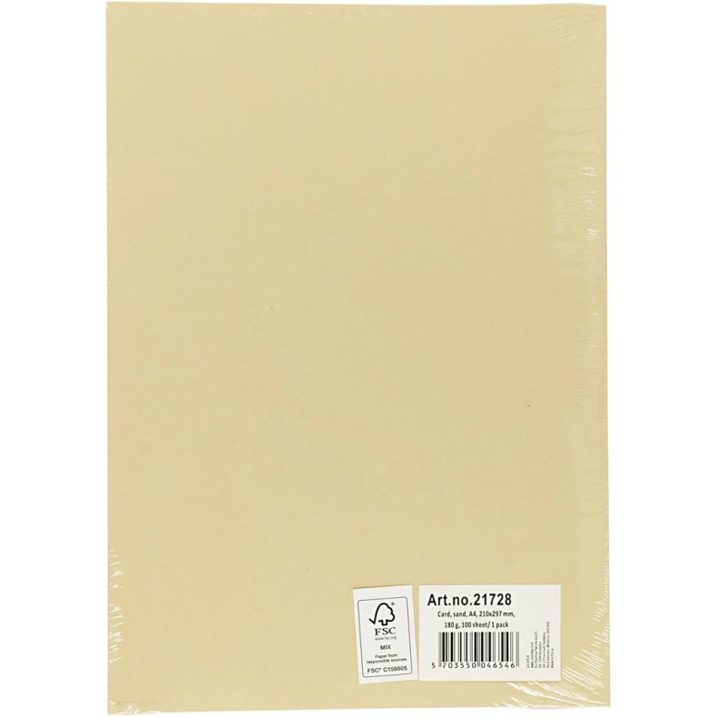 Karton, A4, ark 210x297 mm, 180 g, beige, 100 ark/ 1 pk.