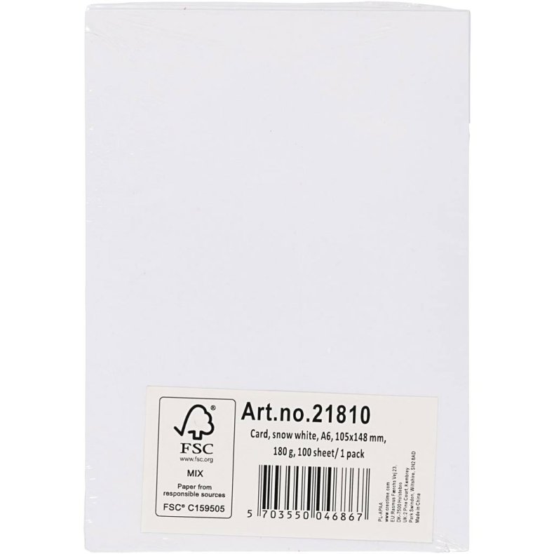 Karton, A6, ark 105x148 mm, 180 g, hvid, 100 ark/ 1 pk.