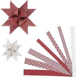 Stjernestrimler, L: 44+78 cm, diam. 6,5+11,5 cm, B: 15+25 mm, r&oslash;d, hvid, 60 strimler/ 1 pk.