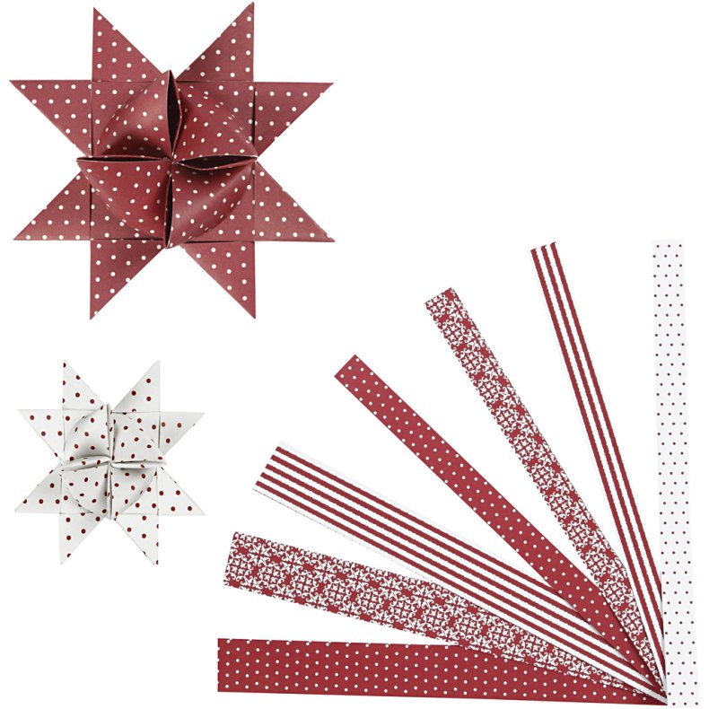 Stjernestrimler, L: 44+78 cm, B: 15+25 mm, diam. 6,5+11,5 cm, r&oslash;d, hvid, 60 strimler/ 1 pk.