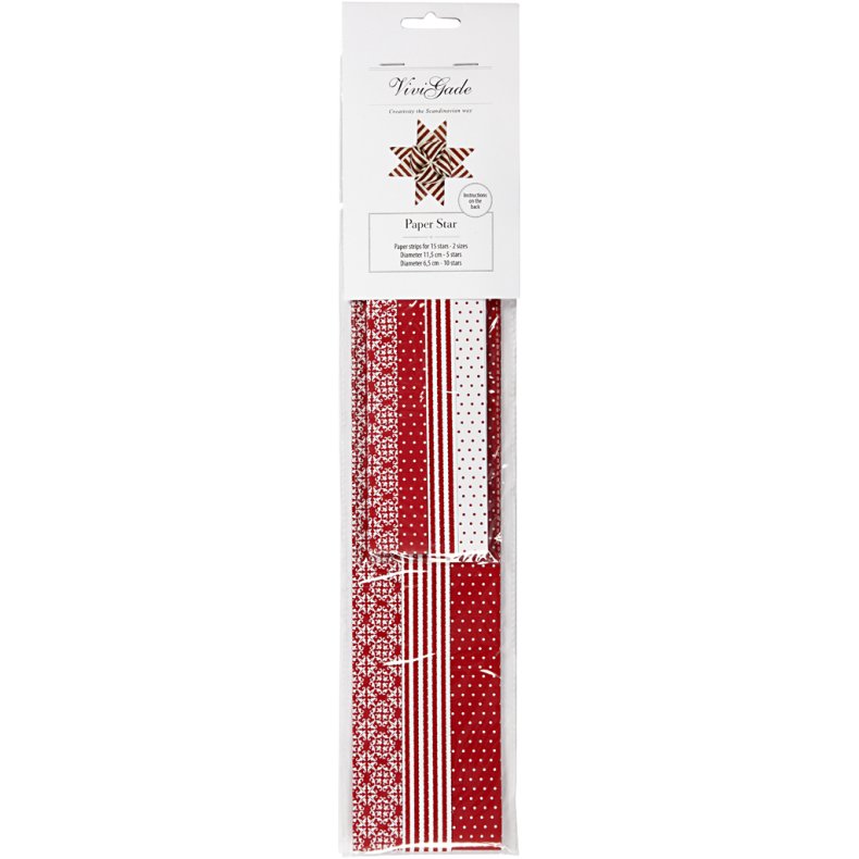Stjernestrimler, L: 44+78 cm, diam. 6,5+11,5 cm, B: 15+25 mm, r&oslash;d, hvid, 60 strimler/ 1 pk.