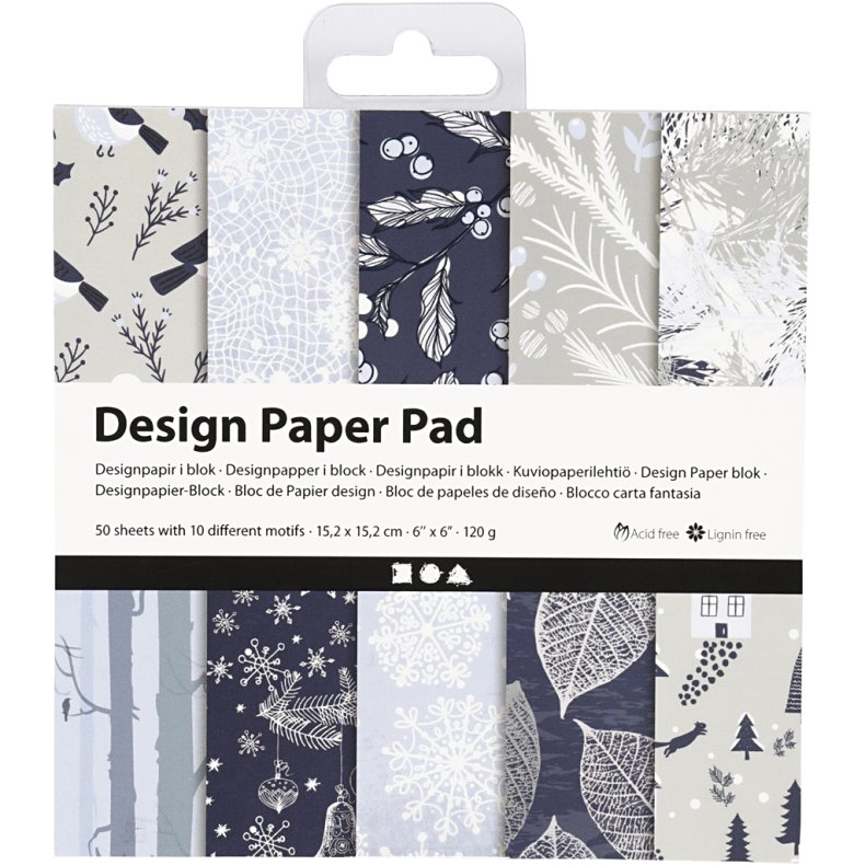 Designpapir i blok, jul, ark 15,2x15,2 cm, 120 g, bl&aring;, gr&aring;, 50 ark/ 1 pk.