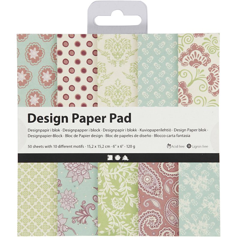 Designpapir i blok, ark 15,2x15,2 cm, 120 g, mint gr&oslash;n, lilla, 50 ark/ 1 pk.