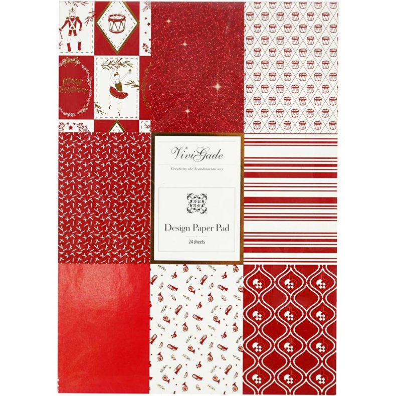 Designpapir i blok, str. 21x30 cm, 120+128 g, r&oslash;d, hvid, 24 ark/ 1 pk.