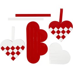 Flettede Julehjerter, str. 13,5x12,5 cm, r&oslash;d, hvid, 8 s&aelig;t/ 1 pk.