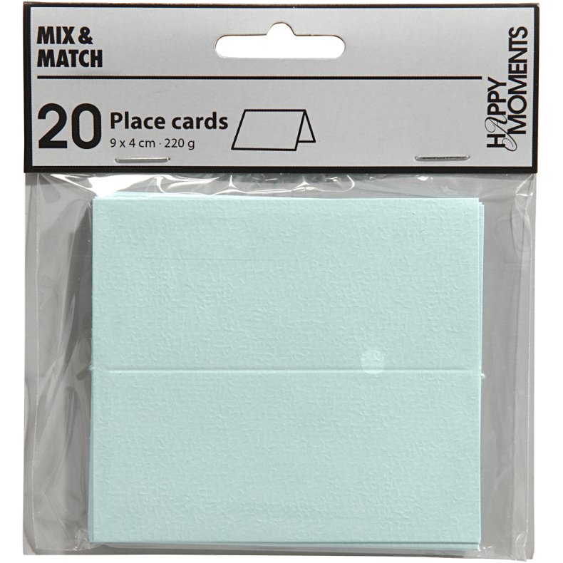 Bordkort, str. 9x4 cm, 220 g, lysebl&aring;, 20 stk./ 1 pk.