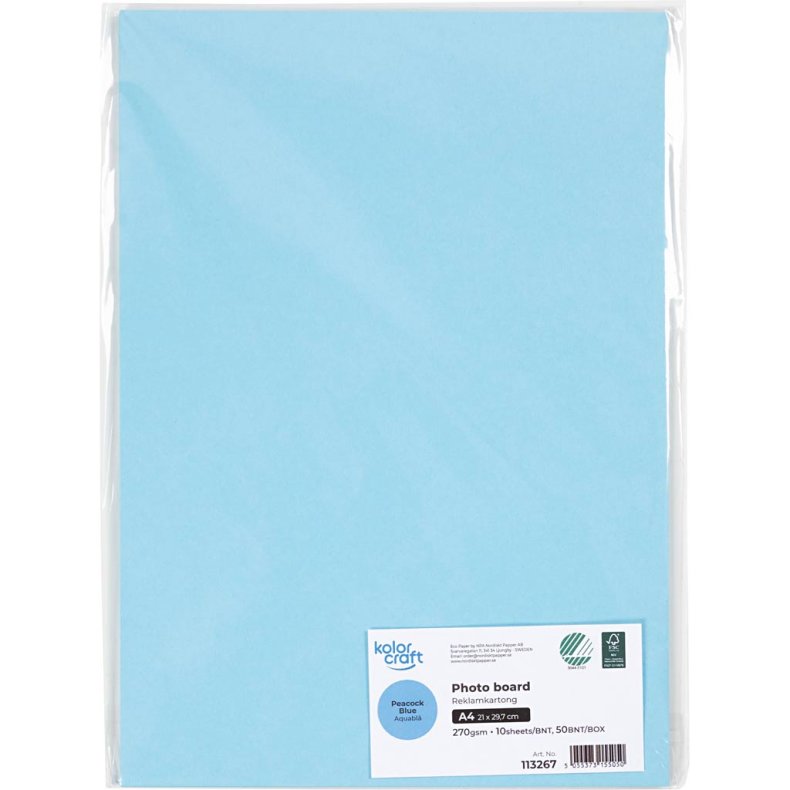 Karton, A4, 270 g, lysebl&aring;, 10 ark/ 1 pk.
