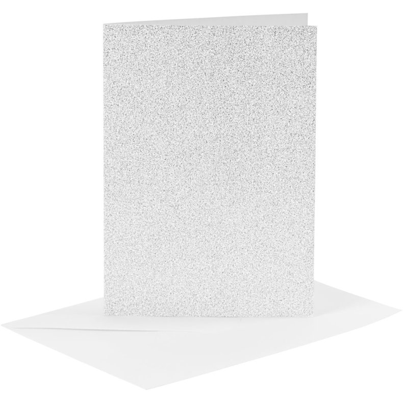 Kort og kuverter, kort str. 10,5x15 cm, kuvert str. 11,5x16,5 cm, glitter, 120+250 g, s&oslash;lv, 4 s&aelig;t/ 1 pk.