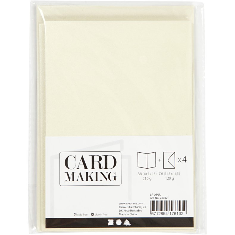 Kort og kuverter, kort str. 10,5x15 cm, kuvert str. 11,5x16,5 cm, perlemor, 120+210 g, r&aring;hvid, 4 s&aelig;t/ 1 pk.