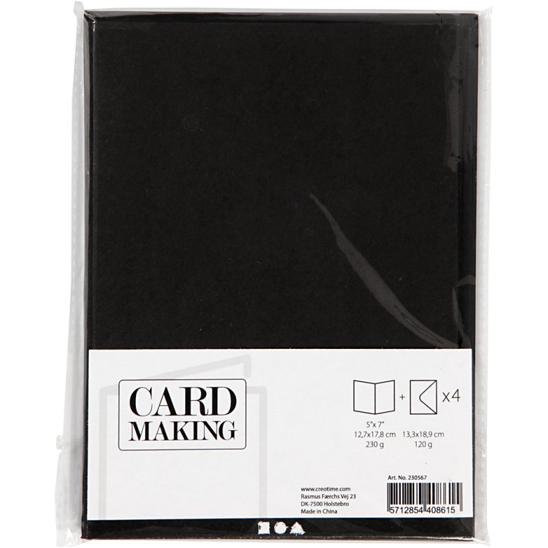 Kort og kuverter, kort str. 12,7x17,8 cm, kuvert str. 13,3x18,5 cm, 230 g, sort, 4 s&aelig;t/ 1 pk.