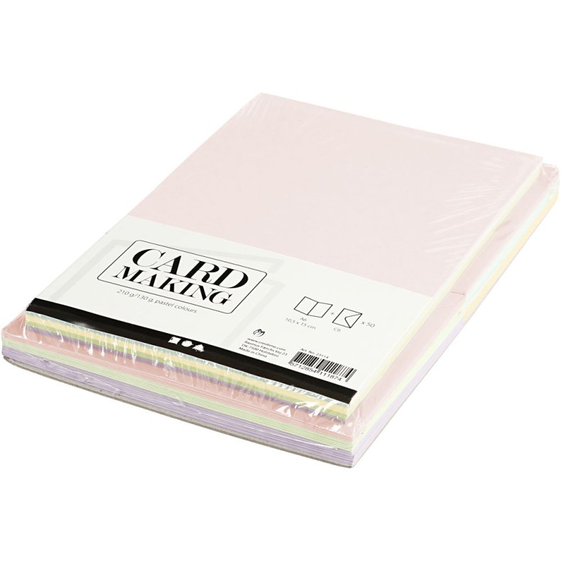 Kort og kuverter, kort str. 10,5x15 cm, kuvert str. 11,5x16,5 cm, 110+220 g, pastelfarver, 50 s&aelig;t/ 1 pk.
