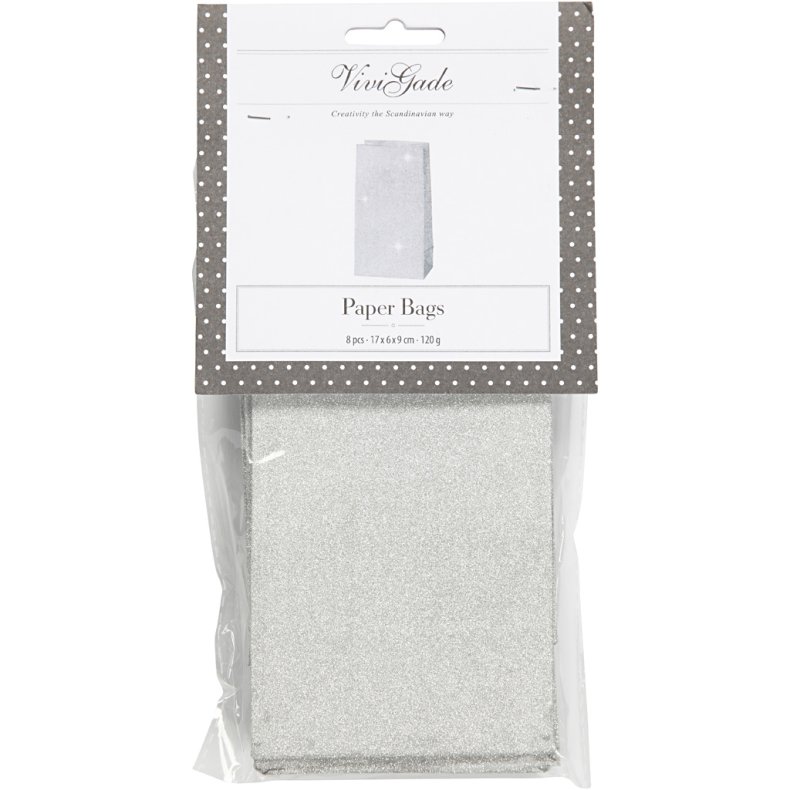 Papirposer, H: 17 cm, str. 6x9 cm, 120 g, s&oslash;lv, 8 stk./ 1 pk.