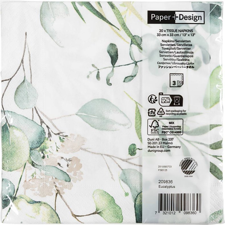 Servietter, Eukalyptus blade, str. 33 x 33 cm, 20 stk./ 1 pk.