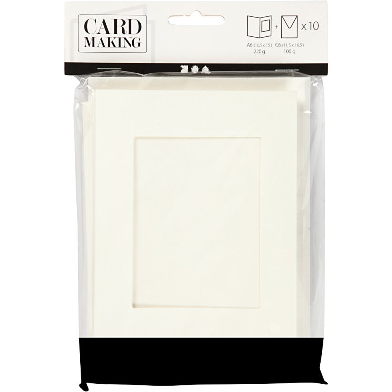 Passepartoutkort med kuvert, rektangul&aelig;r, kort str. 10,5x15 cm, kuvert str. 11,5x16,5 cm, r&aring;hvid, 10 s&aelig;t/ 1 pk.