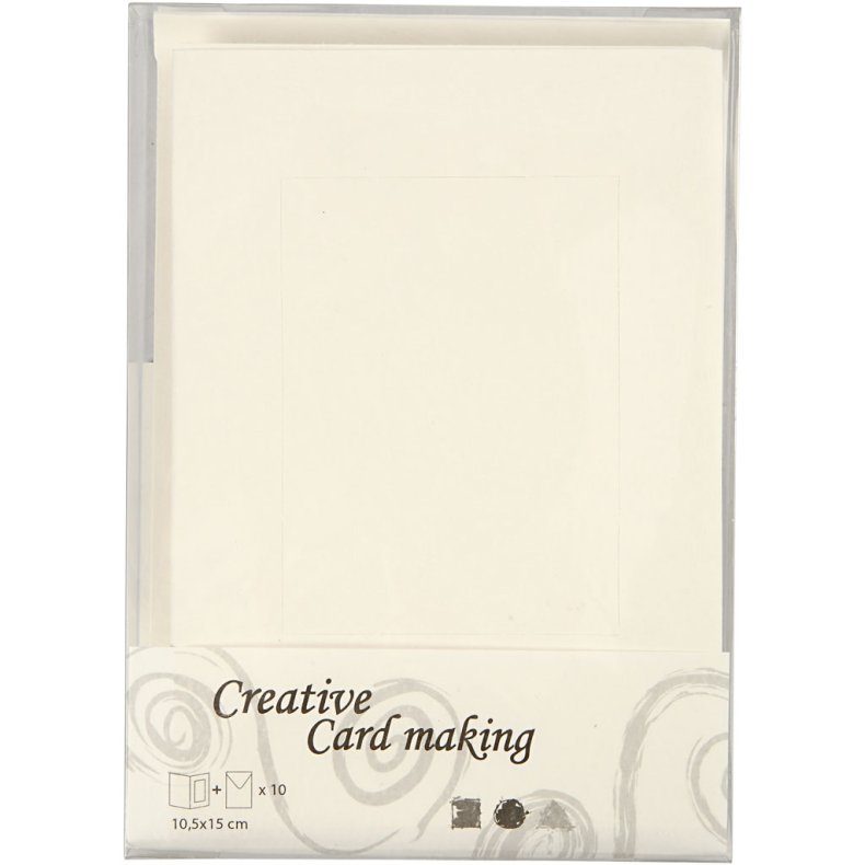 Passepartoutkort med kuvert, rektangul&aelig;r, kort str. 10,5x15 cm, kuvert str. 11,5x16,5 cm, r&aring;hvid, 10 s&aelig;t/ 1 pk.