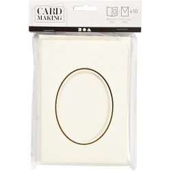 Passepartoutkort med kuvert, oval med guldkant, kort str. 10,5x15 cm, kuvert str. 11,5x16,5 cm, r&aring;hvid, 10 s&aelig;t/ 1 pk.