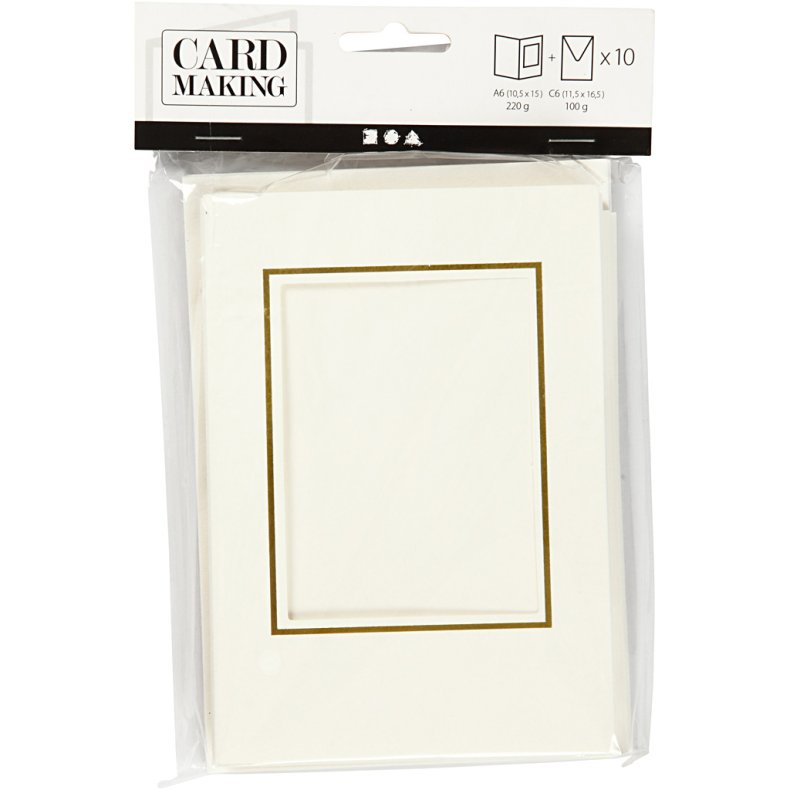 Passepartoutkort med kuvert, rektangul&aelig;r med guldkant, kort str. 10,5x15 cm, kuvert str. 11,5x16,5 cm, r&aring;hvid, 10 s&aelig;t/ 1 pk.