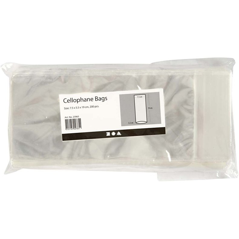 Cellofanpose, H: 19 cm, str. 7,5x5,5 cm, tykkelse 25 my, 200 stk./ 1 pk.