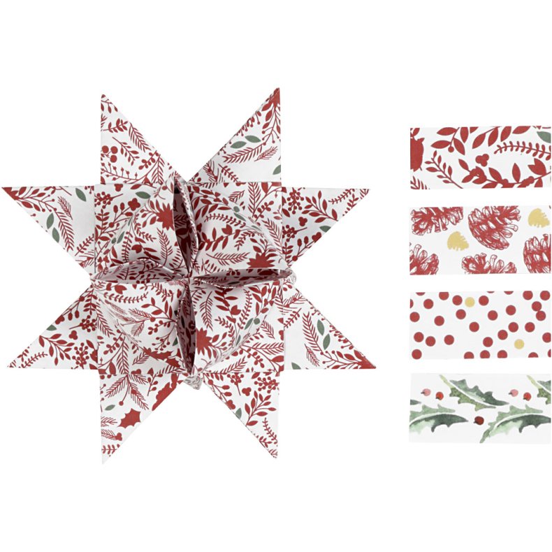 Stjernestrimler, L: 44+78 cm, B: 15+25 mm, diam. 6,5+11,5 cm, r&oslash;d, hvid, 48 strimler/ 1 pk.