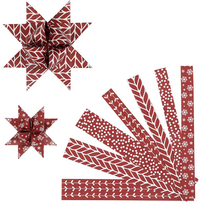 Stjernestrimler, L: 44+78 cm, diam. 6,5+11,5 cm, B: 15+25 mm, r&oslash;d, hvid, 60 strimler/ 1 pk.
