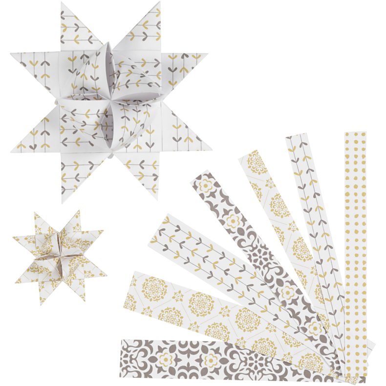 Stjernestrimler, L: 44+78 cm, B: 15+25 mm, diam. 6,5+11,5 cm, guld, hvid, 48 strimler/ 1 pk.