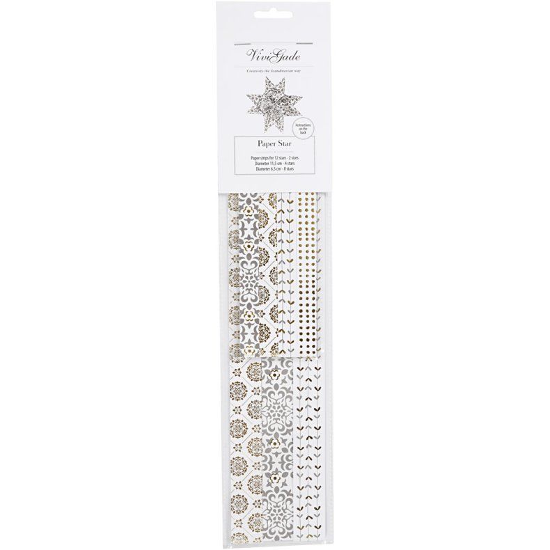 Stjernestrimler, L: 44+78 cm, diam. 6,5+11,5 cm, B: 15+25 mm, guld, hvid, 48 strimler/ 1 pk.