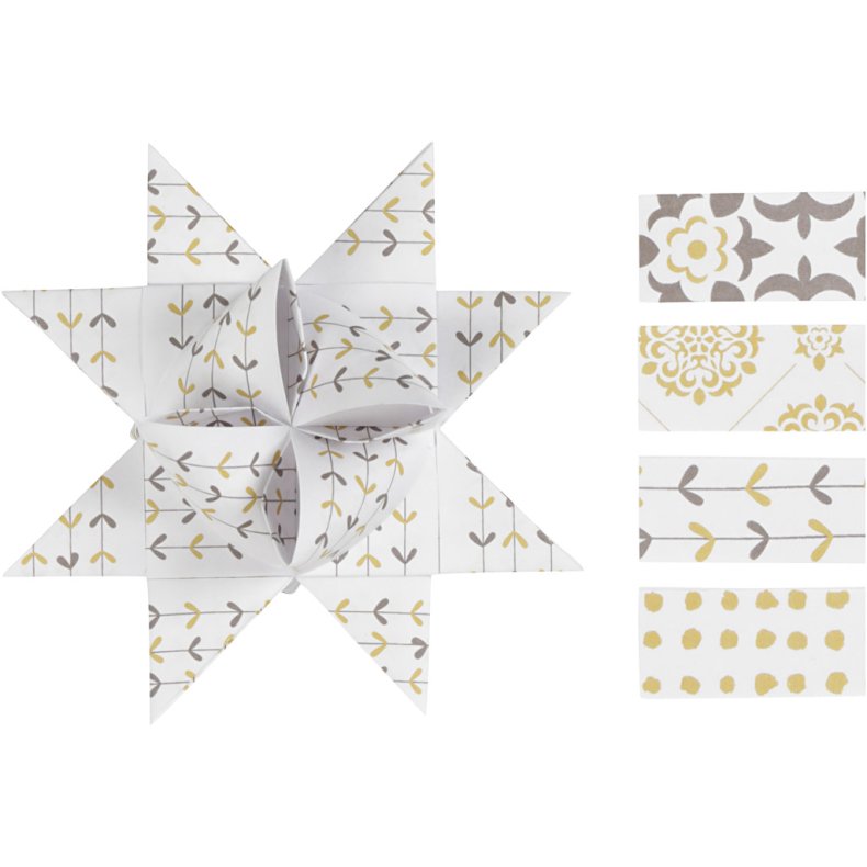 Stjernestrimler, L: 44+78 cm, diam. 6,5+11,5 cm, B: 15+25 mm, guld, hvid, 48 strimler/ 1 pk.