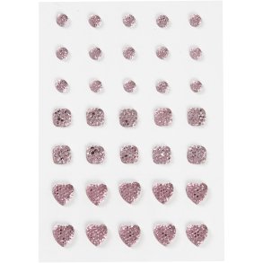 Rhinsten, rund, firkant, hjerte, str. 6+8+10 mm, rosa, 35 stk./ 1 pk.