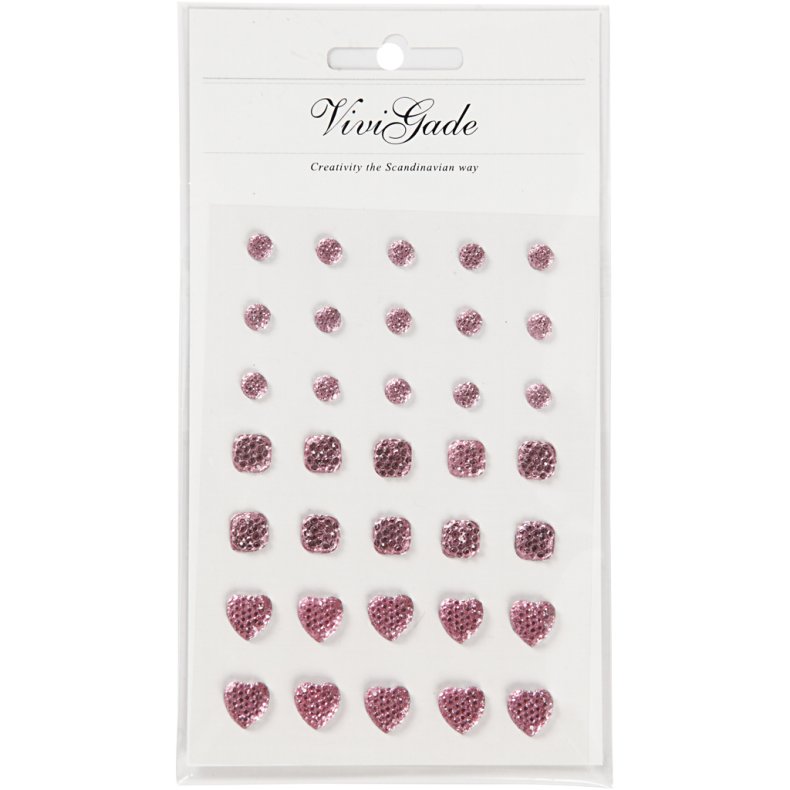 Rhinsten, rund, firkant, hjerte, str. 6+8+10 mm, rosa, 35 stk./ 1 pk.