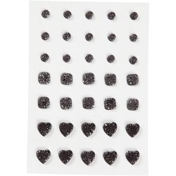 Rhinsten, rund, firkant, hjerte, str. 6+8+10 mm, sort, 35 stk./ 1 pk.