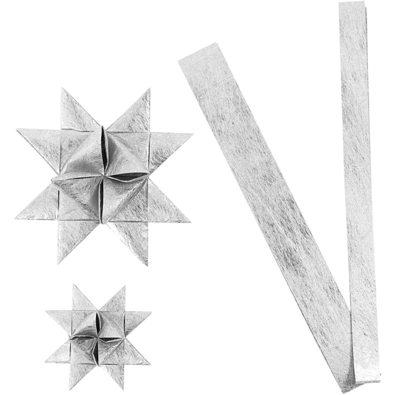 Stjernestrimler, L: 44+78 cm, diam. 6,5+11,5 cm, B: 15+25 mm, s&oslash;lv, 32strimler/ 1 pk.