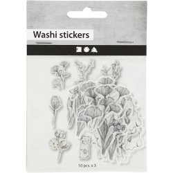 Washi stickers, sort/hvide blomster, str. 30-50 mm, 30 stk./ 1 pk.