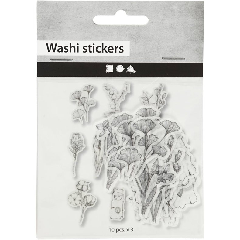 Washi stickers, sort/hvide blomster, str. 30-50 mm, 30 stk./ 1 pk.
