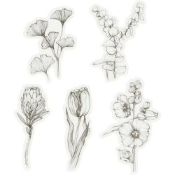 Washi stickers, sort/hvide blomster, str. 30-50 mm, 30 stk./ 1 pk.