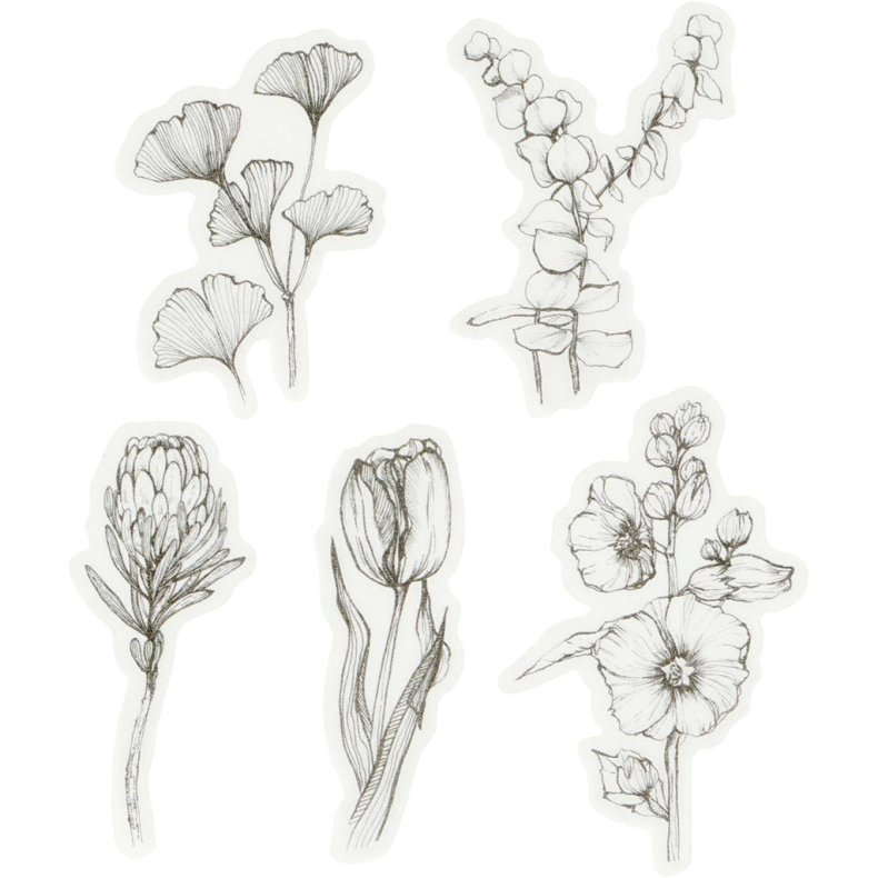 Washi stickers, sort/hvide blomster, str. 30-50 mm, 30 stk./ 1 pk.