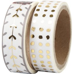 Masking Tape, hjerter og prikker - folie, B: 15 mm, guld, hvid, 2x4 m/ 1 pk.