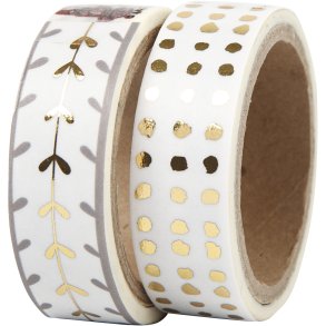 Masking Tape, hjerter og prikker - folie, B: 15 mm, guld, hvid, 2x4 m/ 1 pk.