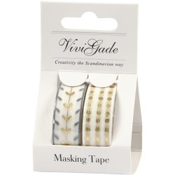 Masking Tape, hjerter og prikker - folie, B: 15 mm, guld, hvid, 2x4 m/ 1 pk.