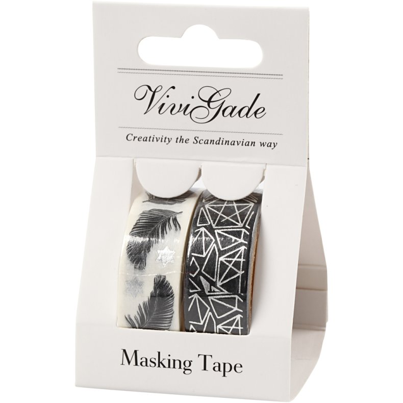 Masking Tape, fjer og m&oslash;nster - folie, B: 15 mm, 2x4 m/ 1 pk.