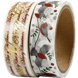 Masking Tape, gl&aelig;delig jul og fugle - folie, B: 15 mm, 2x4 m/ 1 pk.