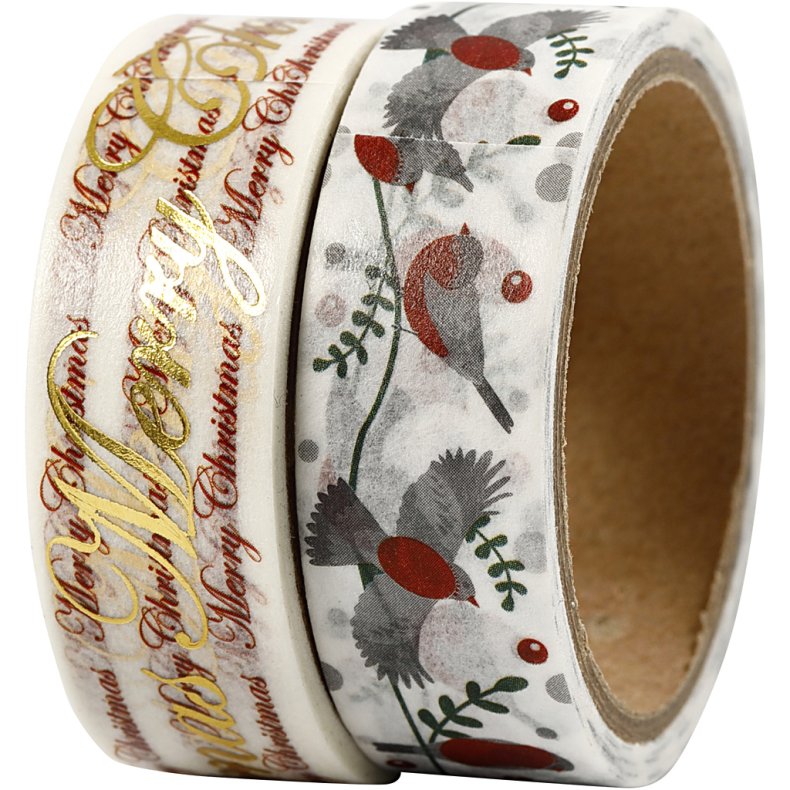 Masking Tape, gl&aelig;delig jul og fugle - folie, B: 15 mm, 2x4m/ 1 pk.