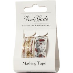 Masking Tape, gl&aelig;delig jul og fugle - folie, B: 15 mm, 2x4 m/ 1 pk.
