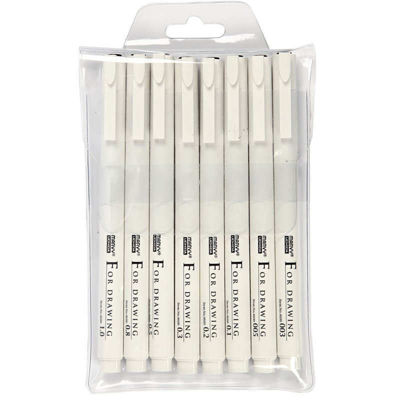 Fine Line skrive/tegnetusch, streg 0,03+0,05+0,1+0,2+0,3+0,5+0,8+1,0 mm, sort, 8 stk./ 1 pk.
