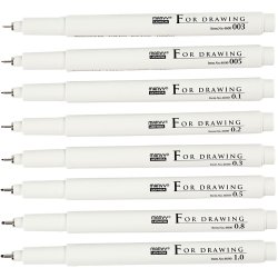 Fine Line skrive/tegnetusch, streg 0,03+0,05+0,1+0,2+0,3+0,5+0,8+1,0 mm, sort, 8 stk./ 1 pk.