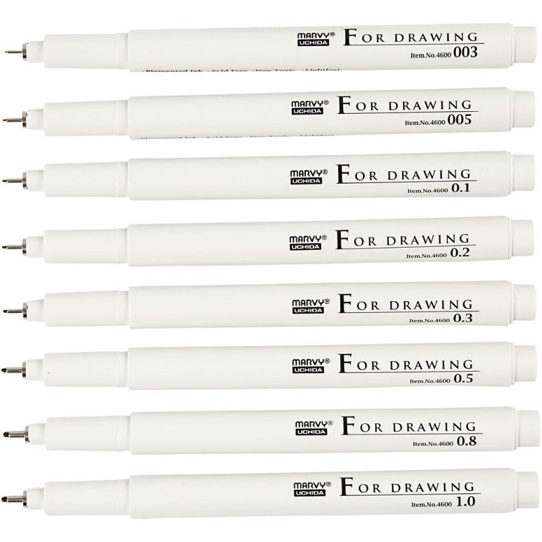 Fine Line skrive/tegnetusch, streg 0,03+0,05+0,1+0,2+0,3+0,5+0,8+1,0 mm, sort, 8 stk./ 1 pk.