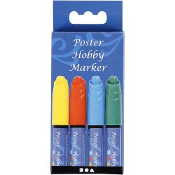 Poster Hobby Marker, streg 3 mm, bl&aring;, gr&oslash;n, r&oslash;d, gul, 4 stk./ 1 pk.